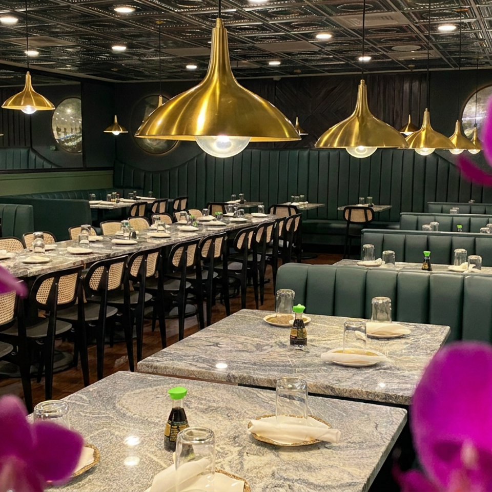 Elegant restaurant dining room with marble tables, green banquettes, woven chairs, gold pendant lights, and vibrant orchids in the foreground.