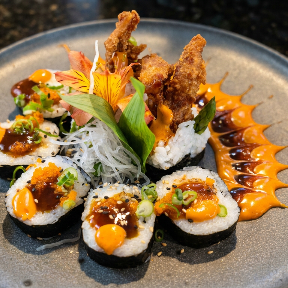 Decorative sushi rolls topped with spicy orange sauce, eel glaze, sesame, scallions, and fried garnishes on a gray plate.