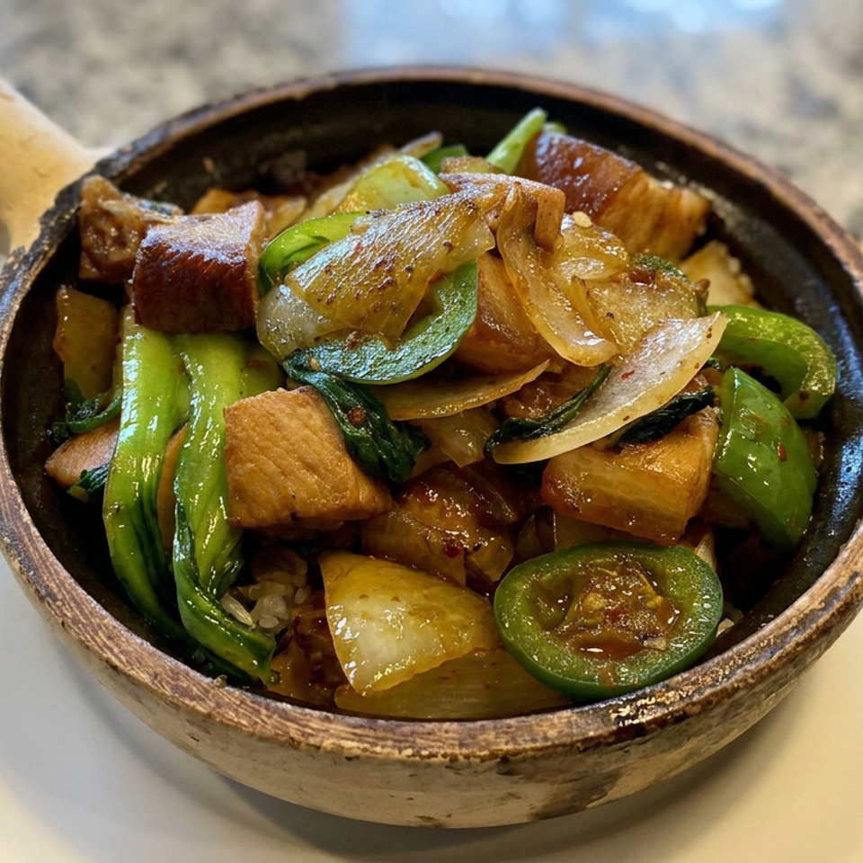 Sizzling bowl of stir-fried meat, onions, green peppers, bok choy, and rice served in a rustic skillet on a white plate.