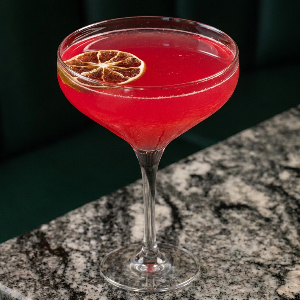 Bright red cocktail in a coupe glass, garnished with a dried citrus wheel on a speckled stone countertop.