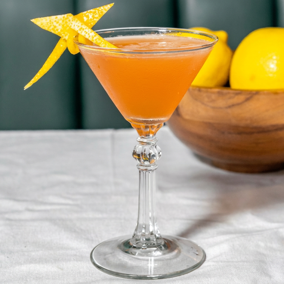 Orange cocktail in a martini glass garnished with a lemon twist, beside a wooden bowl of lemons on a white tablecloth.