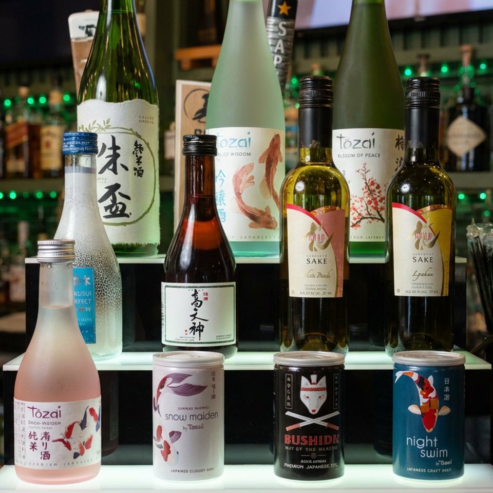 Japanese bar display featuring sake bottles, canned beverages, beer taps, and black straws illuminated against a green-lit bottle shelf.
