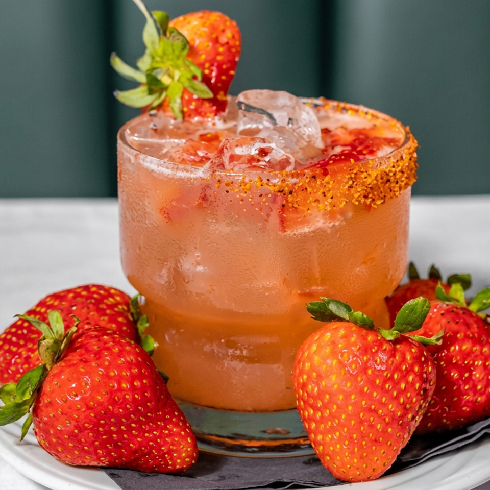 Strawberry cocktail with ice and a spiced rim, garnished with strawberries, on a plate beside a purple flower.