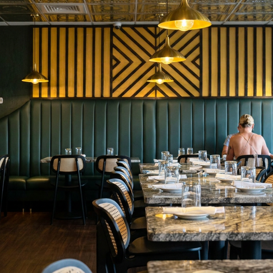 Elegant restaurant dining room with marble tables, woven chairs, dark banquettes, gold pendant lights, and geometric wood wall accents.