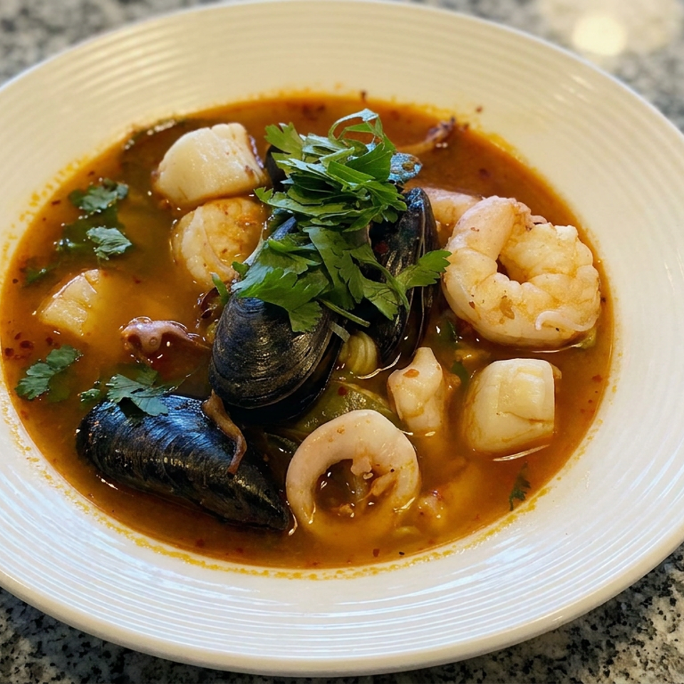 Bowl of seafood soup with shrimp, scallops, mussels, herbs, and mushrooms in a rich reddish broth.