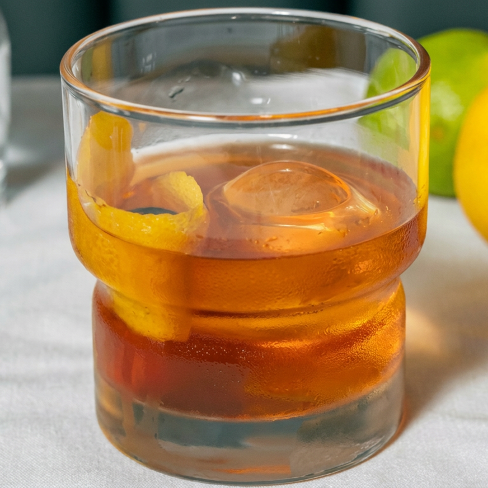 Amber cocktail with ice and citrus peel in a tumbler, surrounded by lemons, limes, and a glass of water.