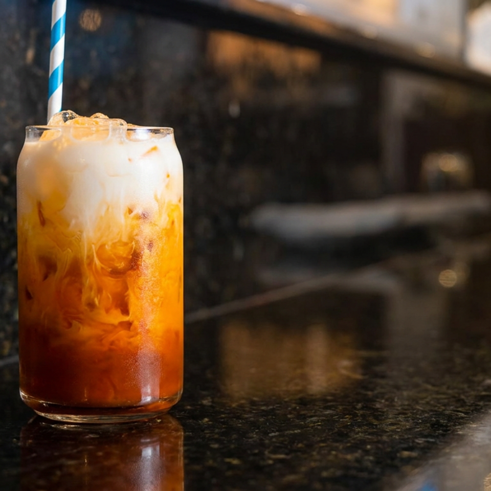 Iced orange-and-cream beverage with a striped straw sits on a reflective dark countertop in a warmly lit restaurant.